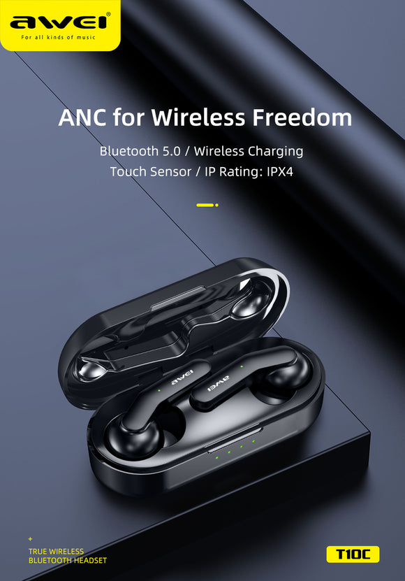 AWEI T10C TWS Bluetooth V5.0 Earphone True Wireless Charging Noise Canceling HiFi 6D Bass With Mic Touch Control Gaming Headset